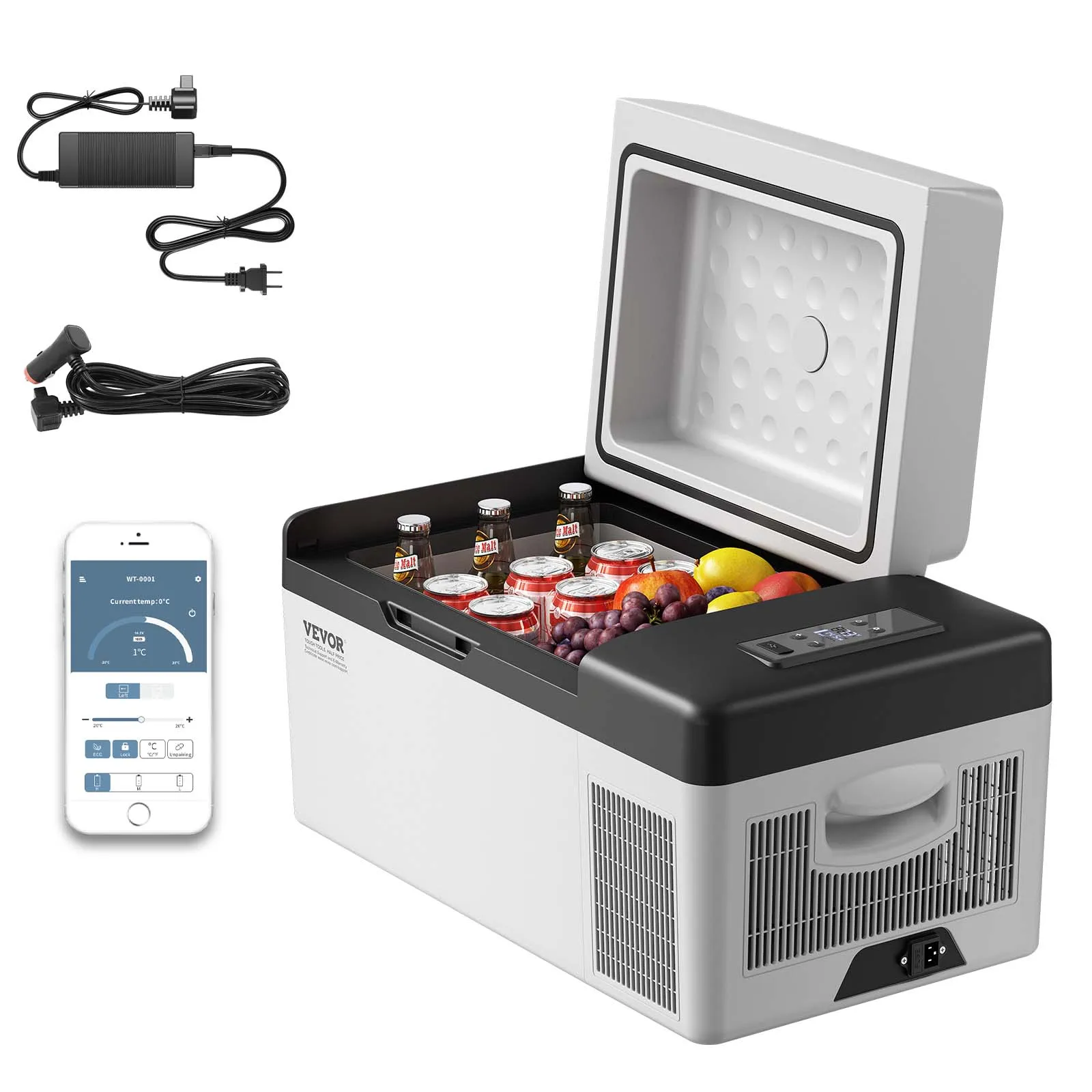 Refrigerador portátil VEVOR con bebidas y tapa abierta, controlado mediante aplicación para teléfono inteligente.