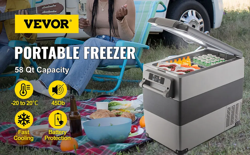 VEVOR 12 volt refrigerator with 58 qt capacity, ideal for camping with fast cooling.