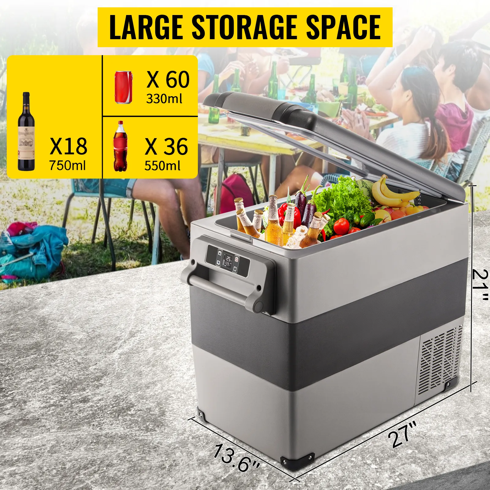 VEVOR 12 volt refrigerator with large storage space, filled with drinks and food.