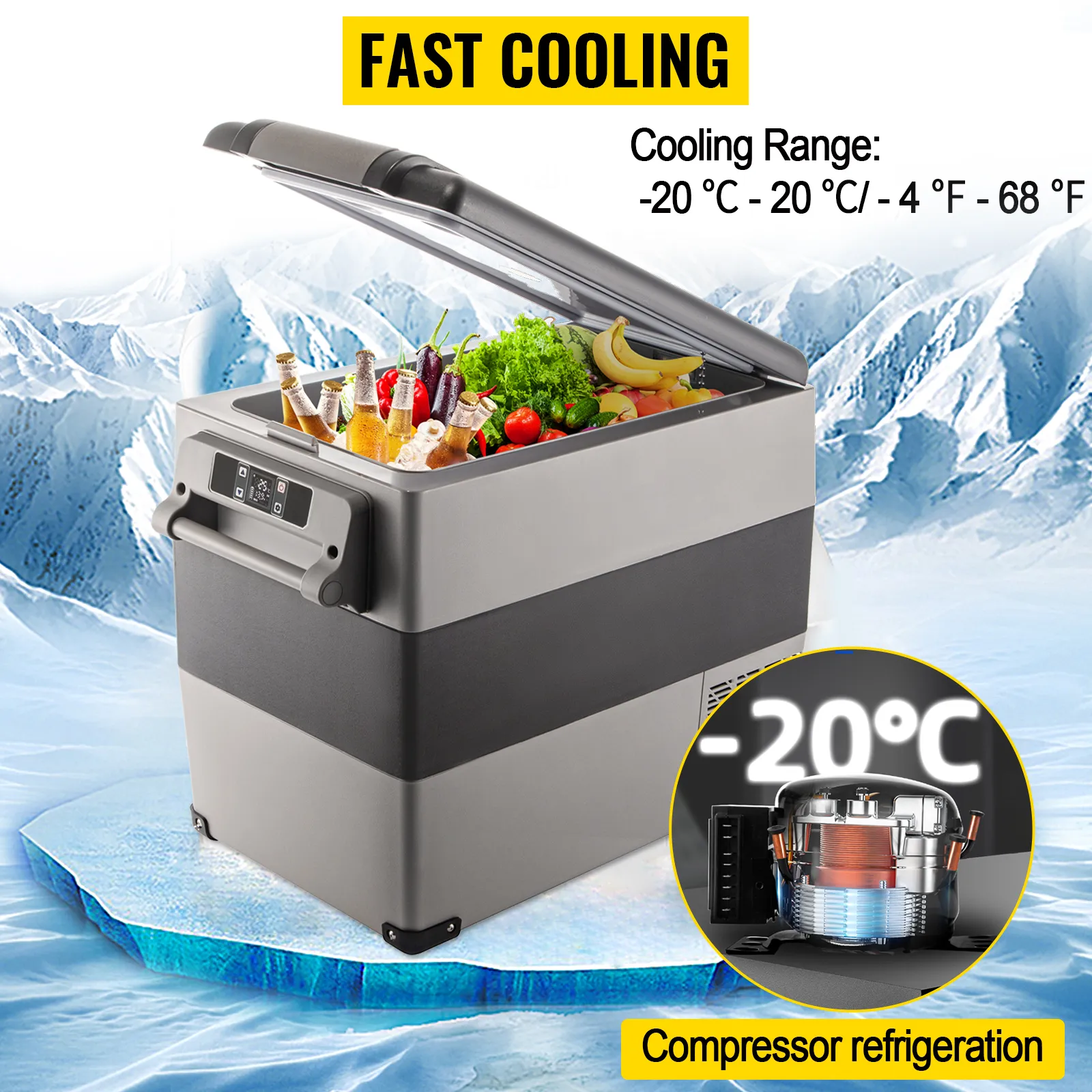 VEVOR 12 volt refrigerator with open lid, filled with fresh produce, on an icy background.