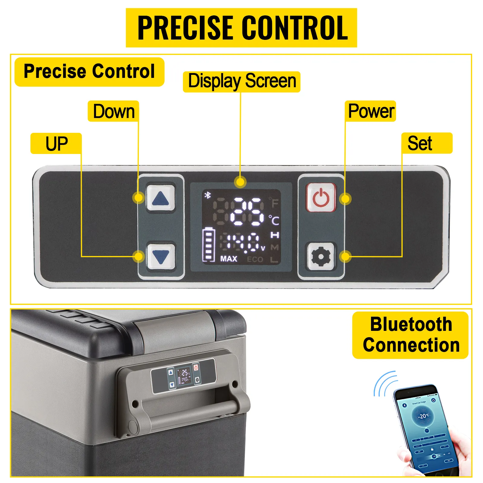 VEVOR 12 volt refrigerator control panel with display screen, buttons, and bluetooth connection.