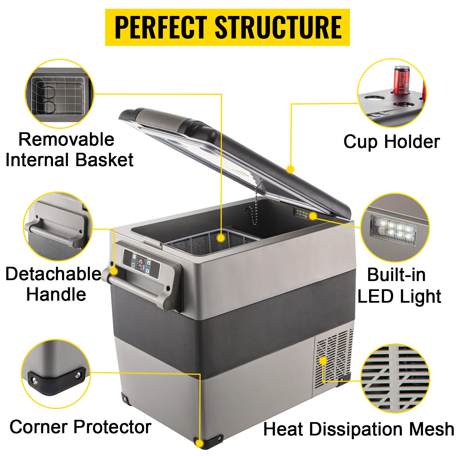 VEVOR 12 volt refrigerator with removable basket, cup holder, led light, and corner protector.