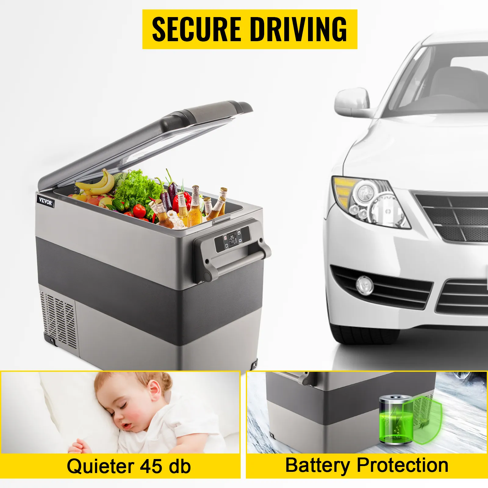 VEVOR 12 volt refrigerator open, filled with food and drinks, car in the background.