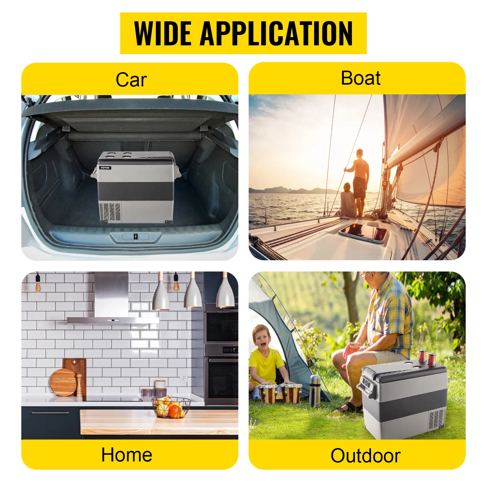 VEVOR 12 volt refrigerator for car, boat, home, and outdoor use. wide application.