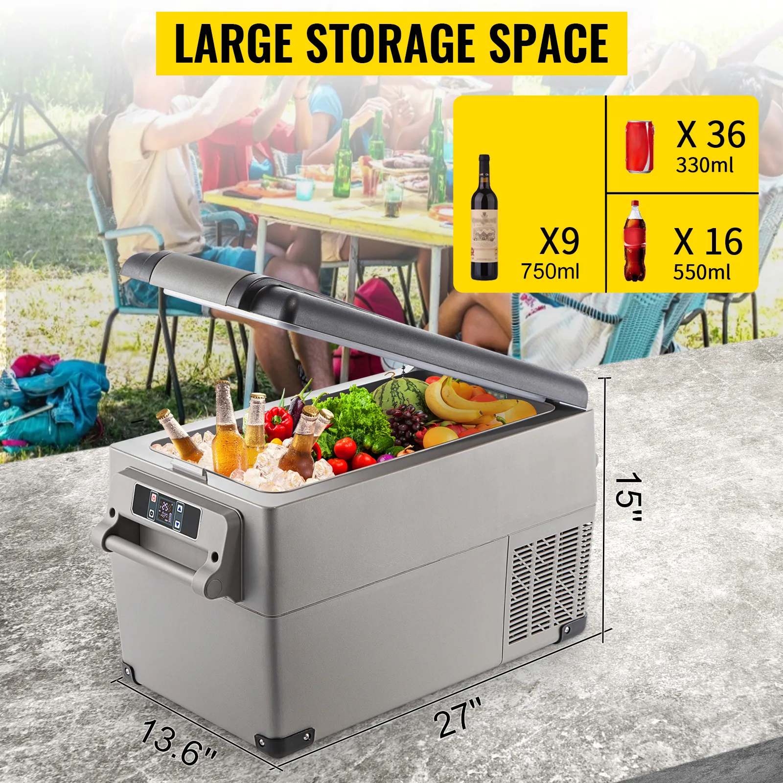Refrigerador portátil VEVOR con gran espacio de almacenamiento, ideal para reuniones al aire libre.