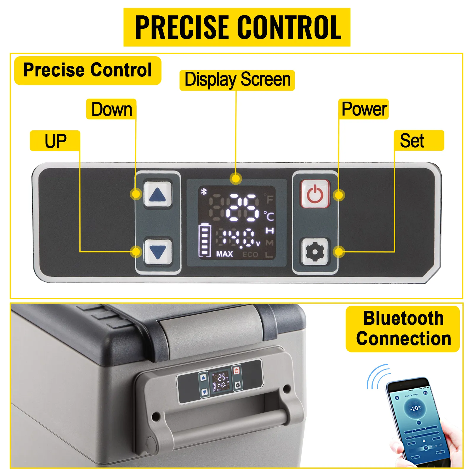 Panel de control de refrigerador portátil VEVOR con pantalla, botones y conexión bluetooth.