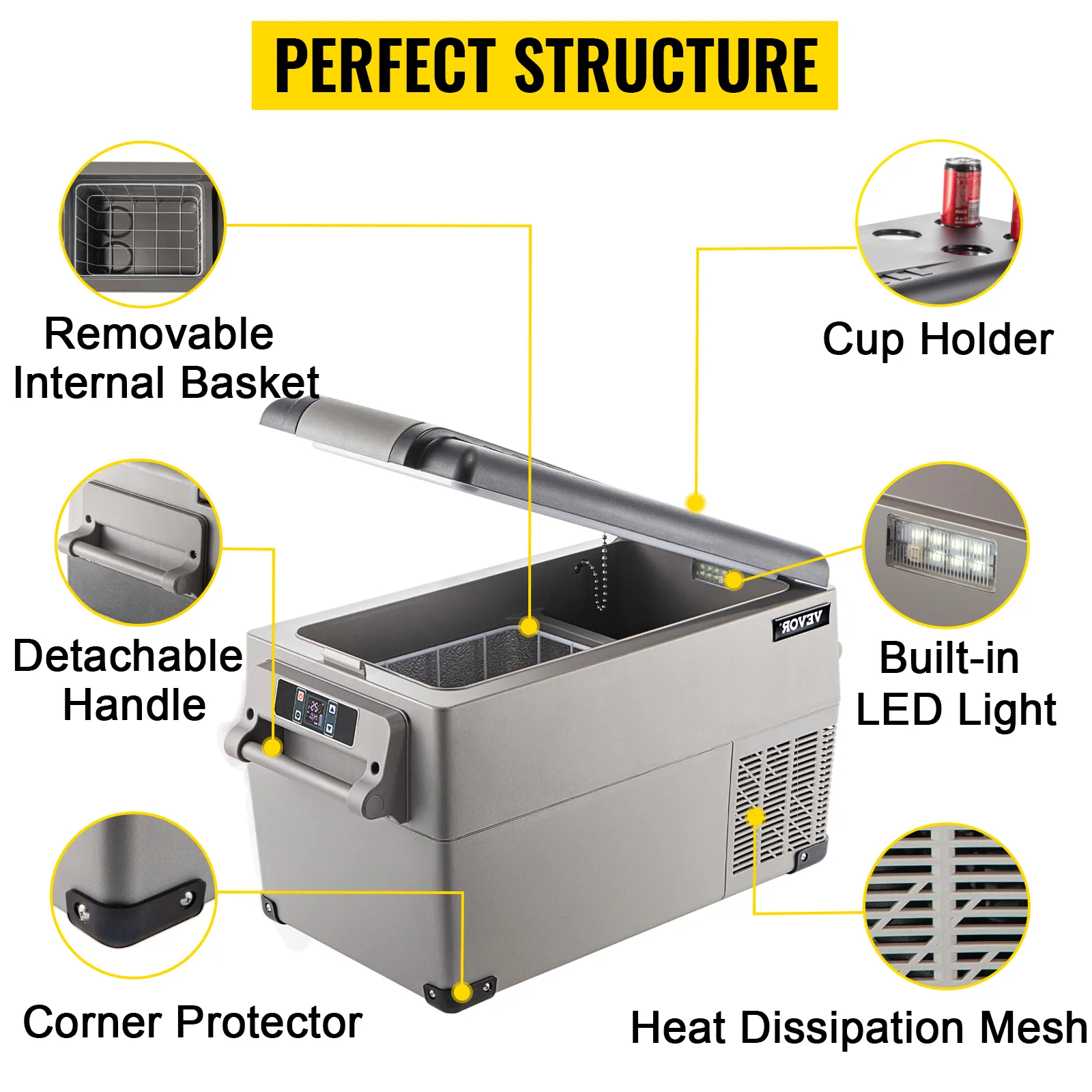 Refrigerador portátil VEVOR con cesta extraíble, portavasos, luz led y protectores de esquinas.