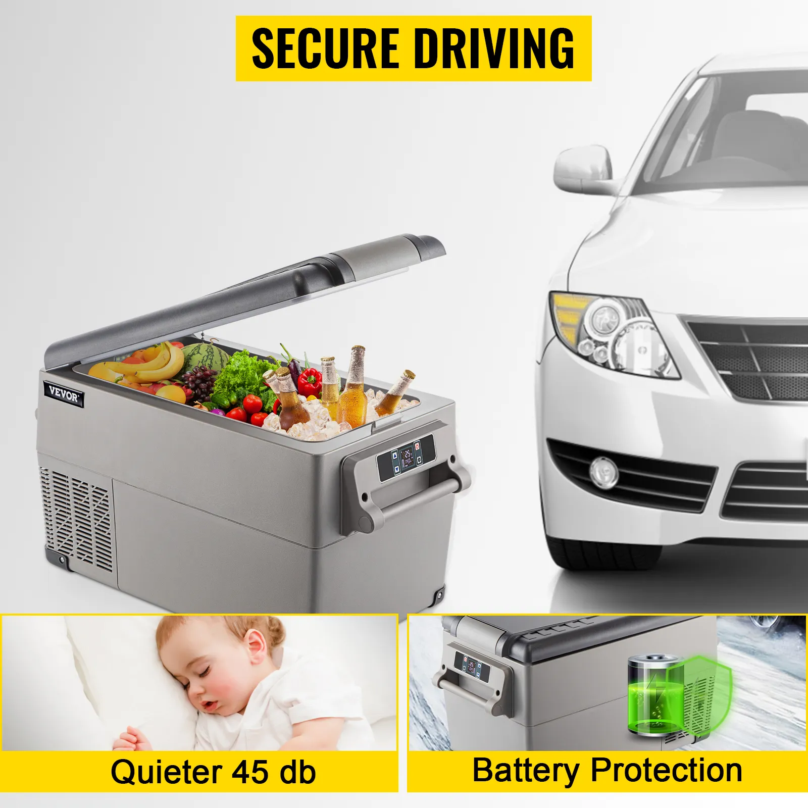 Frigorífico portátil VEVOR para coche, con comida en su interior, silencioso y con protección de batería.