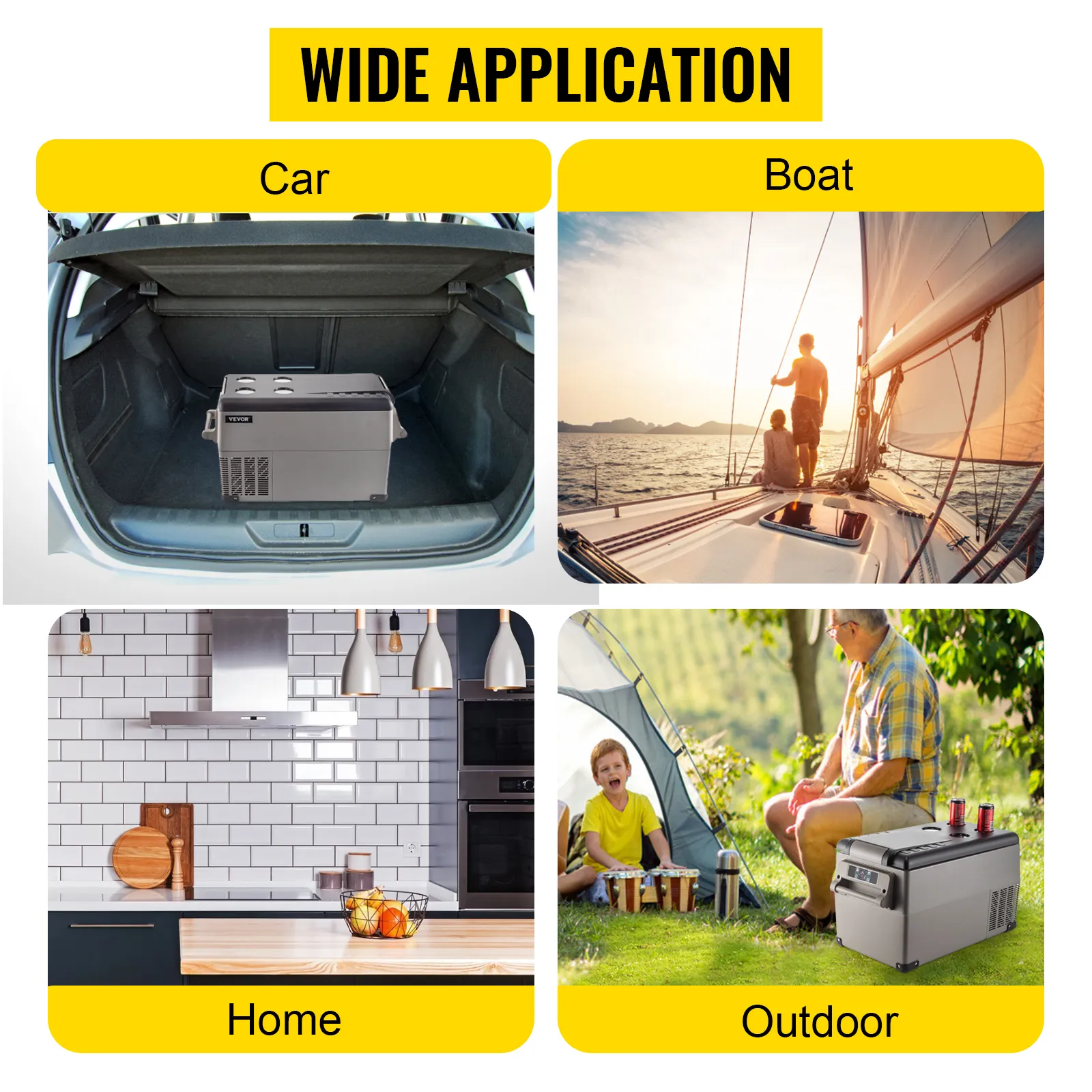 Refrigerador portátil VEVOR en el automóvil, en el barco, en la cocina y para acampar al aire libre. Amplia aplicación.