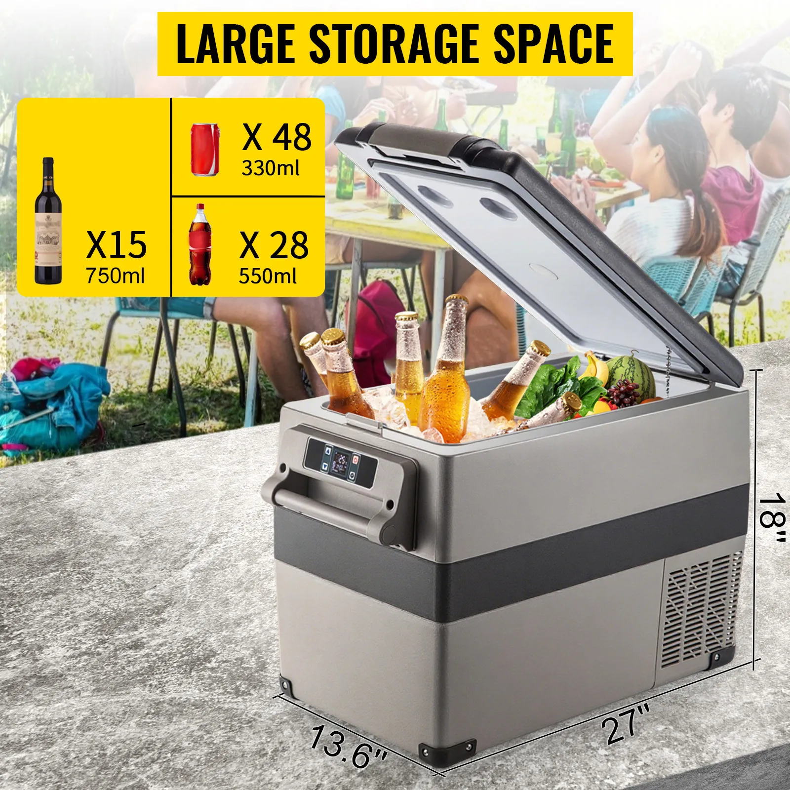 Frigorífico VEVOR de 12 voltios con gran espacio de almacenamiento para botellas y latas en un picnic al aire libre.