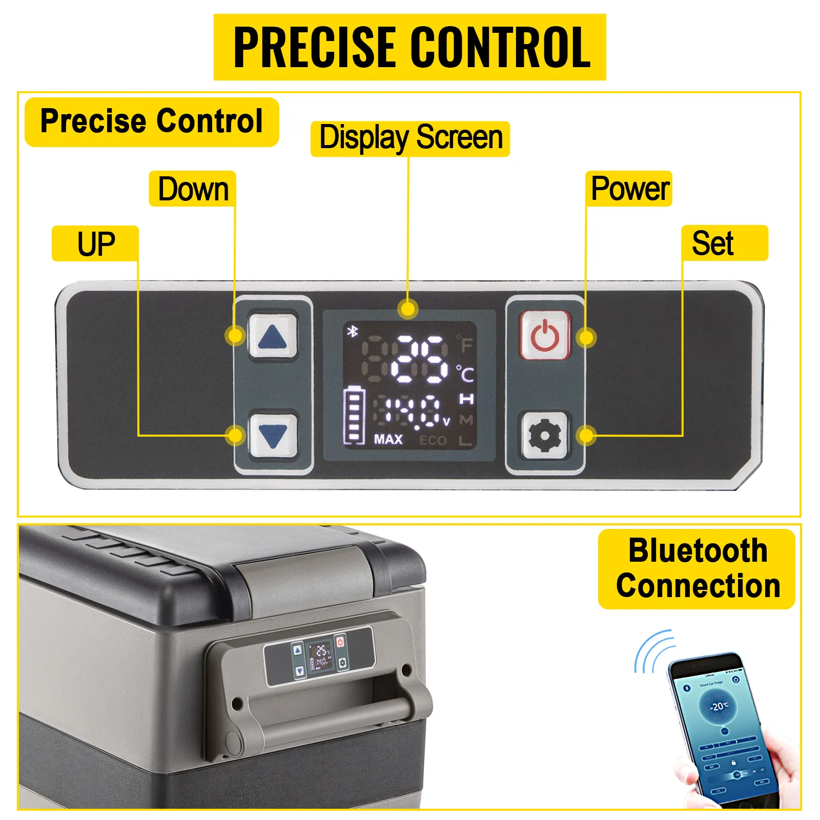 Panel de control de refrigerador VEVOR de 12 voltios con pantalla de visualización y conexión bluetooth.