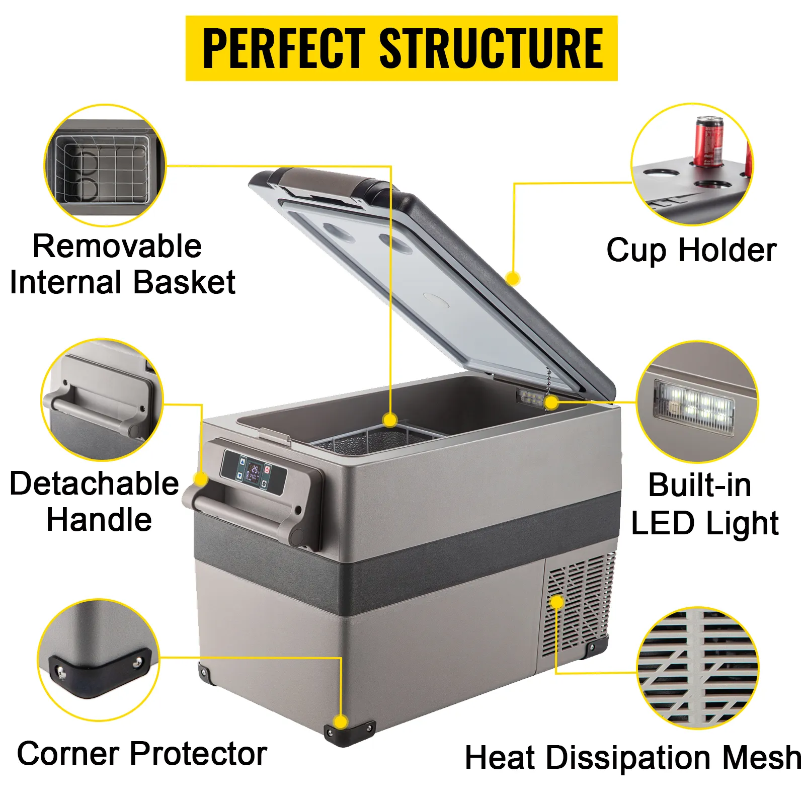 Frigorífico VEVOR de 12 voltios con cesta extraíble, asa desmontable y luz led.