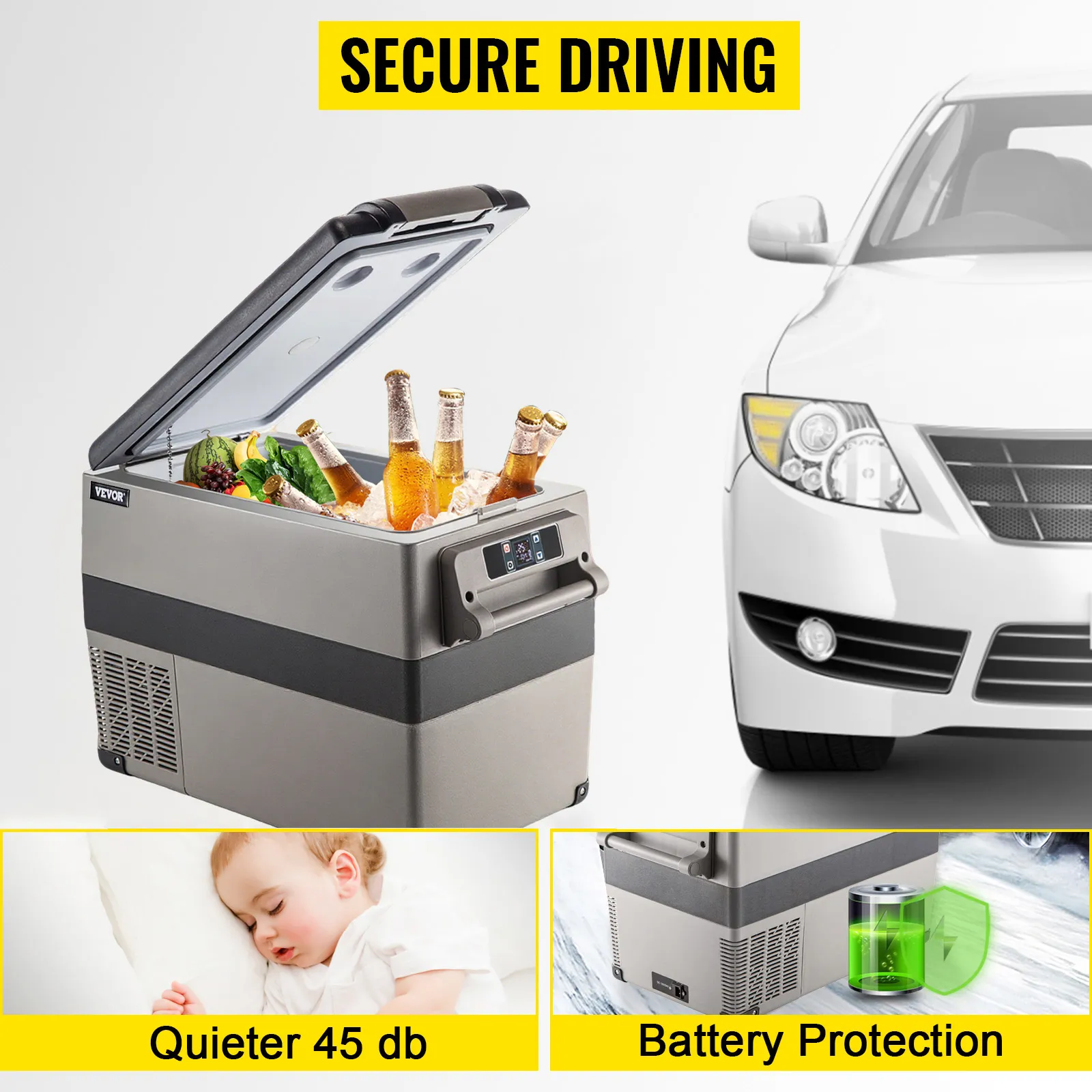 Frigorífico VEVOR de 12 voltios abierto con alimentos en su interior, al lado de un coche favoreciendo una conducción segura.