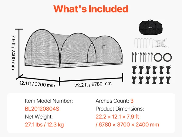 VEVOR Baseball Batting Cage, 22.2 x 12.1 x 7.9 FT Freestanding Portable Batting Cage, Hitting Cages with 4-Ply Knotless Polyester & Pitching Machine Opening, Battings Cages Netting for Indoor Outdoor
