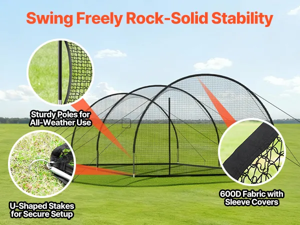 VEVOR Baseball Batting Cage, 22.2 x 12.1 x 7.9 FT Freestanding Portable Batting Cage, Hitting Cages with 4-Ply Knotless Polyester & Pitching Machine Opening, Battings Cages Netting for Indoor Outdoor