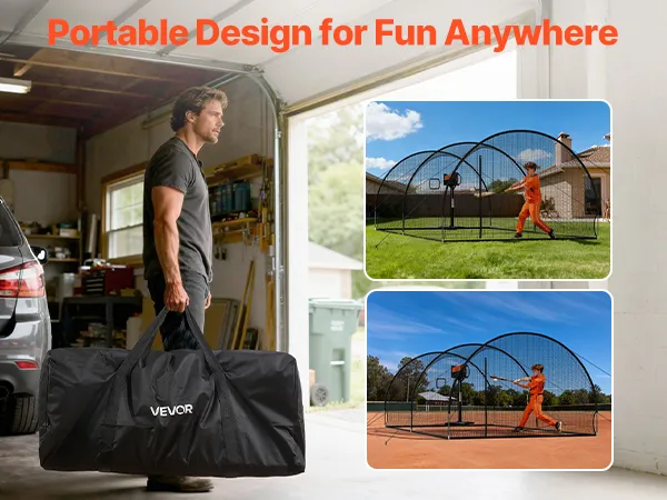 VEVOR Baseball Batting Cage, 22.2 x 12.1 x 7.9 FT Freestanding Portable Batting Cage, Hitting Cages with 4-Ply Knotless Polyester & Pitching Machine Opening, Battings Cages Netting for Indoor Outdoor