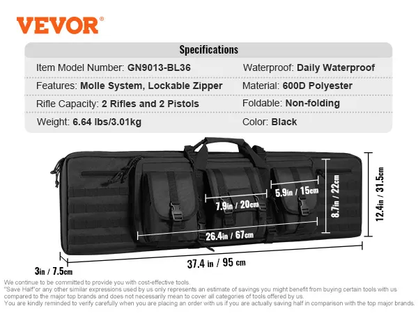 Bolsa táctica de tiro VEVOR, dimensiones, poliéster 600d, color negro, capacidad para 2 rifles y 2 pistolas, resistente al agua para uso diario.