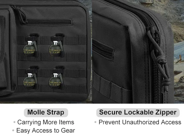 Cinghie molle e cerniera di sicurezza bloccabile sulla borsa tattica VEVOR per un facile accesso e una conservazione sicura.