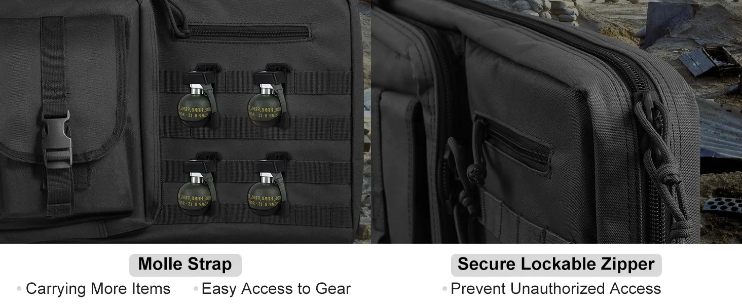 Cinghie molle e cerniera di sicurezza bloccabile sulla borsa tattica VEVOR per un facile accesso e una conservazione sicura.