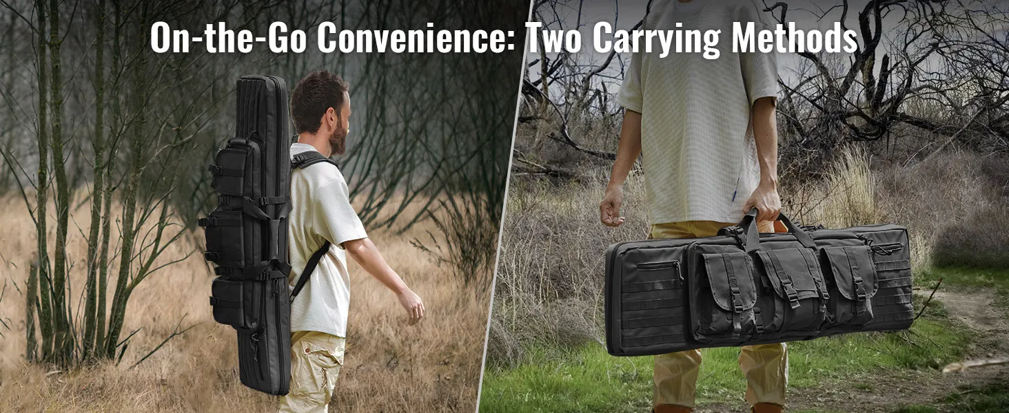uomo che trasporta la borsa tattica VEVOR sulla schiena e a mano, mostrando due metodi di trasporto all'aperto.