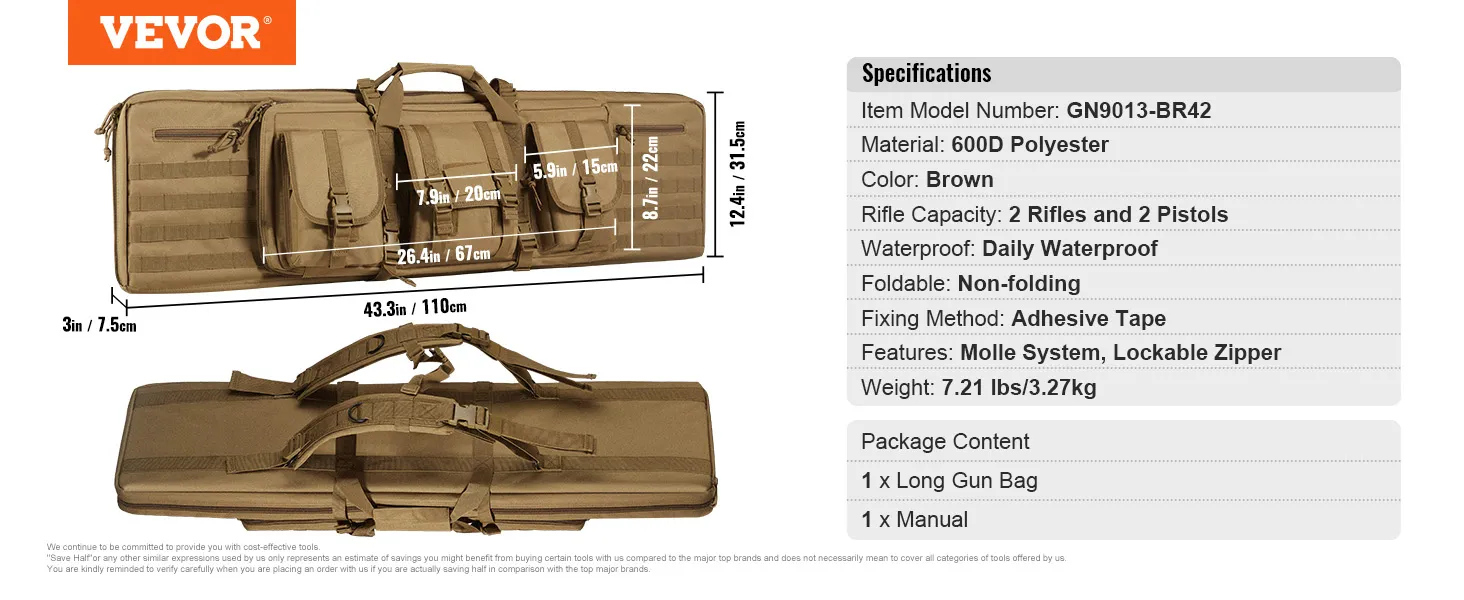 VEVOR Taktische Range Bag, braun, 600d Polyester, passend für 2 Gewehre und 2 Pistolen, Molle-System, wasserdicht.