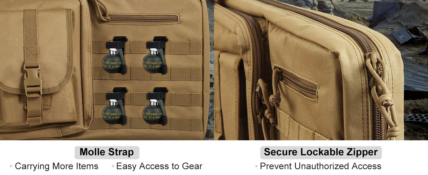 Taktische Schießtasche von VEVOR mit Molle-Gurt und sicheren, abschließbaren Reißverschlüssen für einfachen Zugriff und Sicherheit der Ausrüstung.