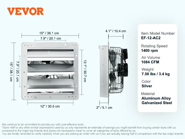 VEVOR shutter exhaust fan dimensions and specs: aluminum, galvanized steel, 1400 rpm, 1084 cfm, silver.