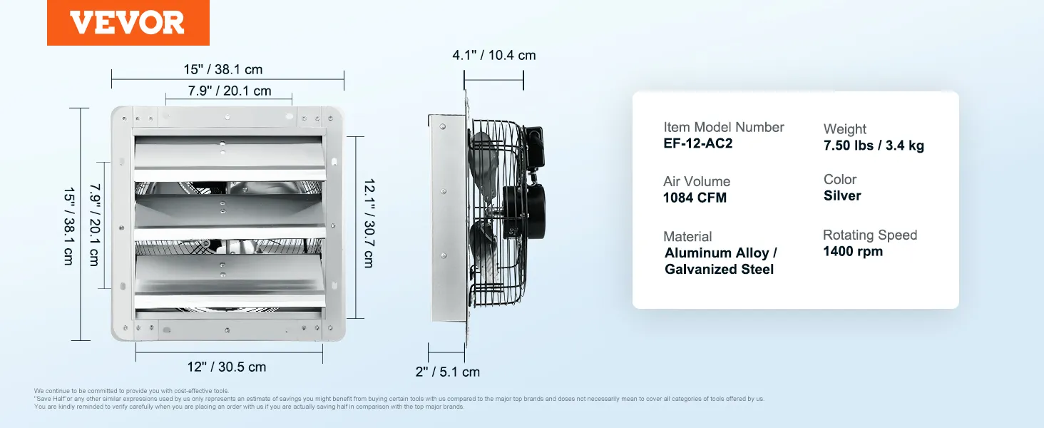 VEVOR shutter exhaust fan dimensions and specs: aluminum, galvanized steel, 1400 rpm, 1084 cfm, silver.