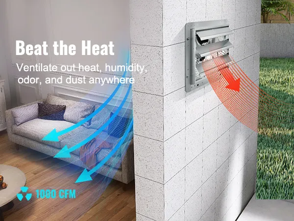 VEVOR shutter exhaust fan venting heat, humidity, odor from indoor space with 1000 cfm airflow.