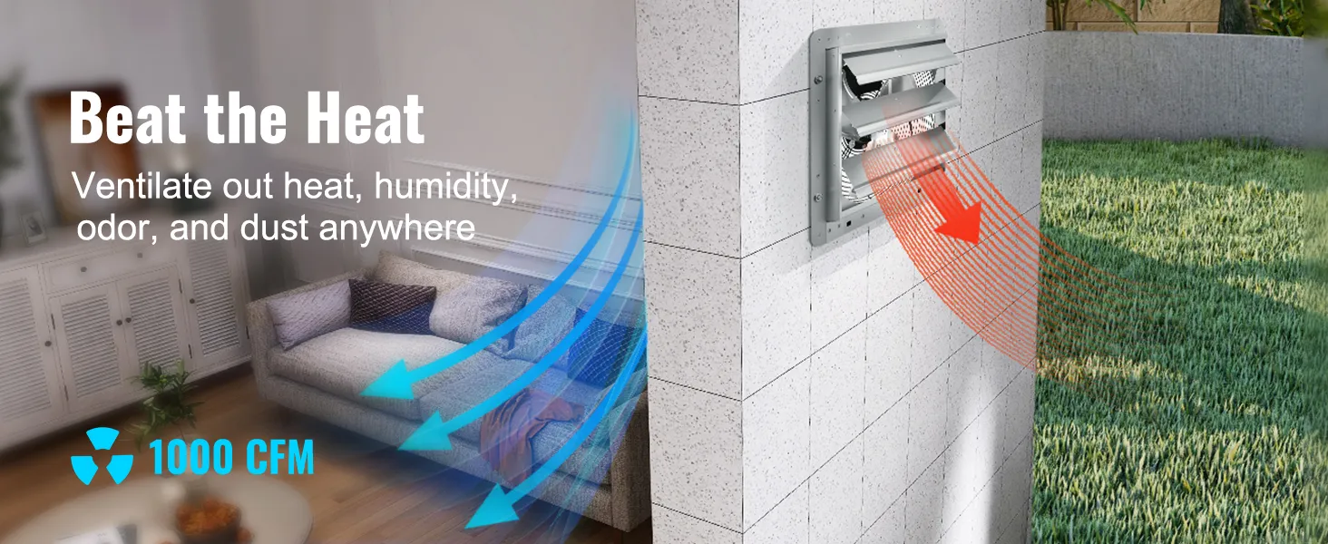 VEVOR shutter exhaust fan venting heat, humidity, odor from indoor space with 1000 cfm airflow.