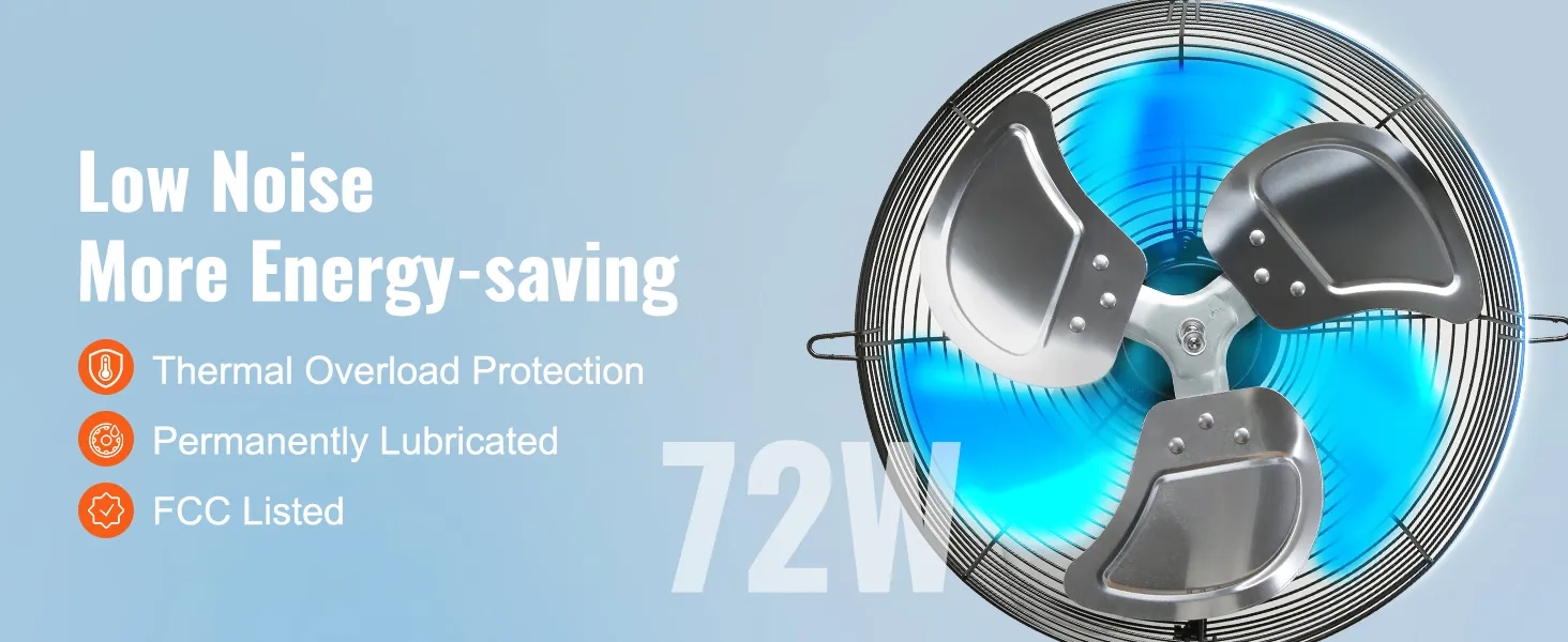 VEVOR shutter exhaust fan: low noise, energy-saving, thermal overload protection, fcc listed, 72w.