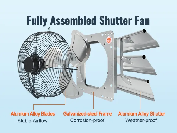 VEVOR shutter exhaust fan with aluminum alloy blades, galvanized-steel frame, and weather-proof shutters.