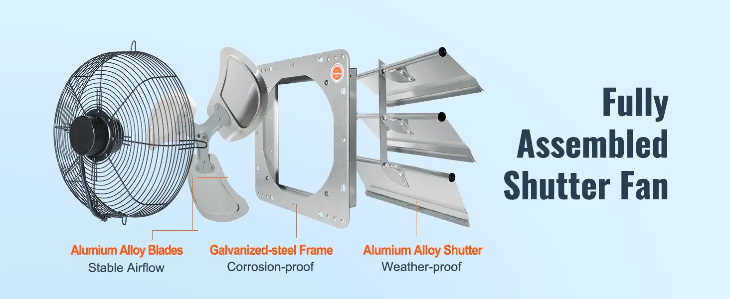 VEVOR shutter exhaust fan with aluminum alloy blades, galvanized-steel frame, and weather-proof shutters.