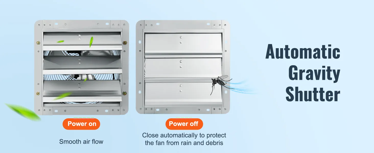 VEVOR shutter exhaust fan demonstrating automatic gravity shutter function for smooth airflow and debris protection.