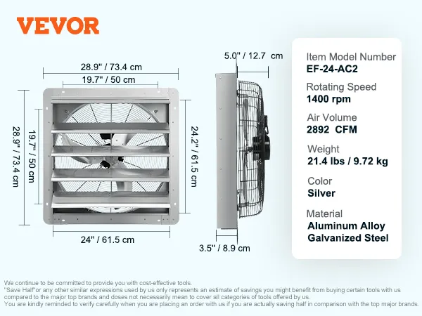 VEVOR shutter exhaust fan, dimensions, and specifications on a light blue background.