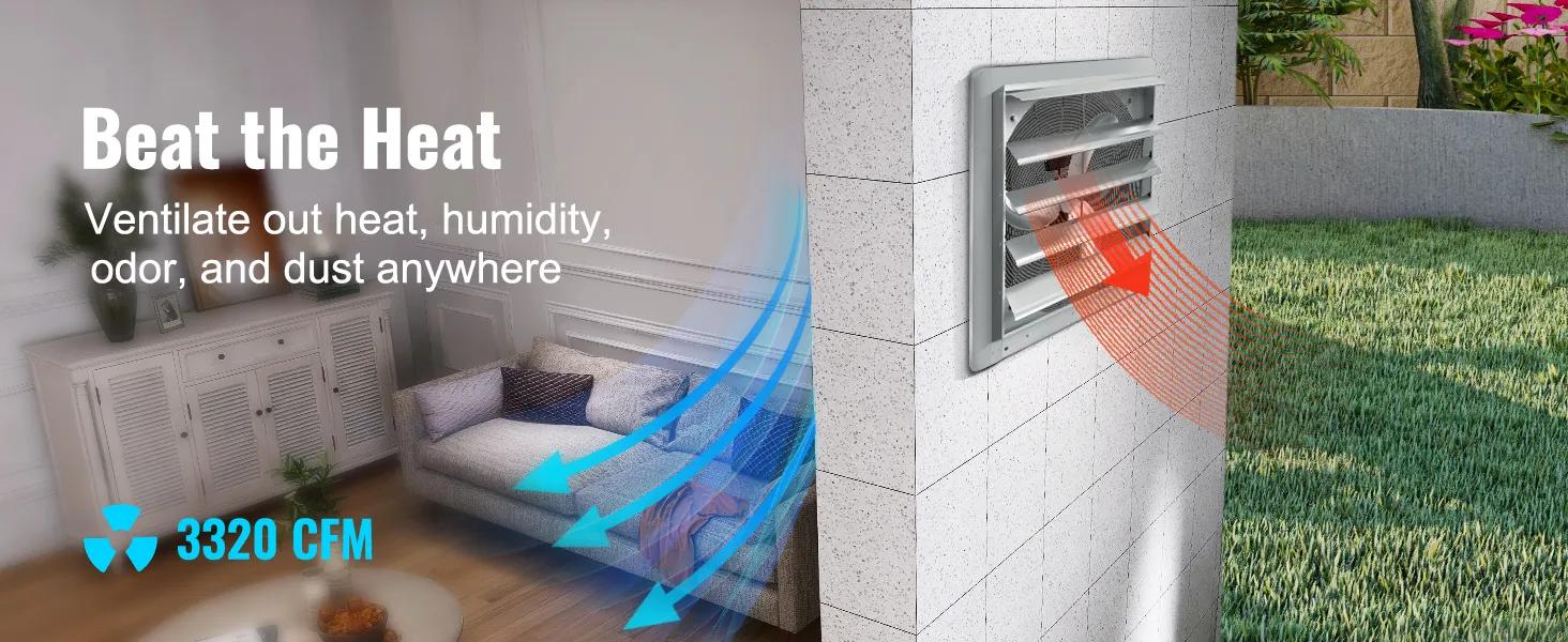 VEVOR shutter exhaust fan ventilating indoor heat to outdoor space, with arrows depicting airflow, text overlay.