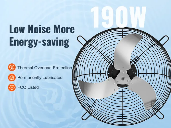 VEVOR shutter exhaust fan with thermal overload protection, energy-saving, fcc listed, 190w.