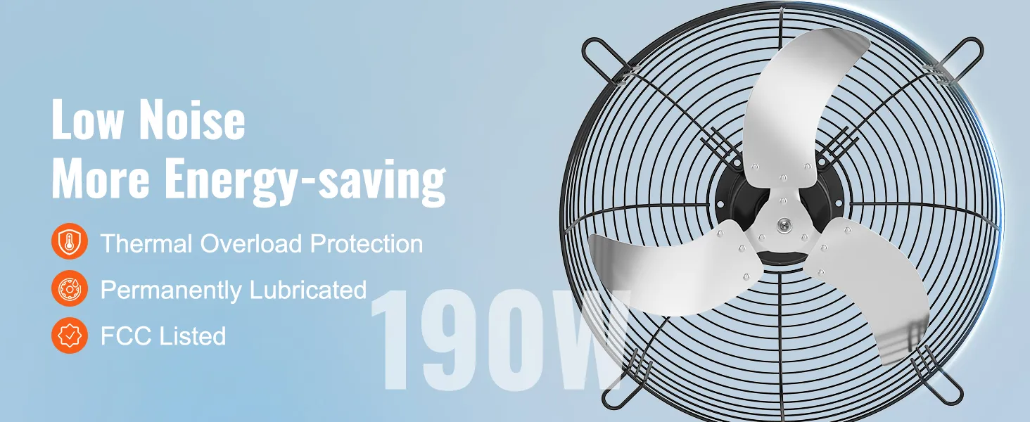 VEVOR shutter exhaust fan with thermal overload protection, energy-saving, fcc listed, 190w.