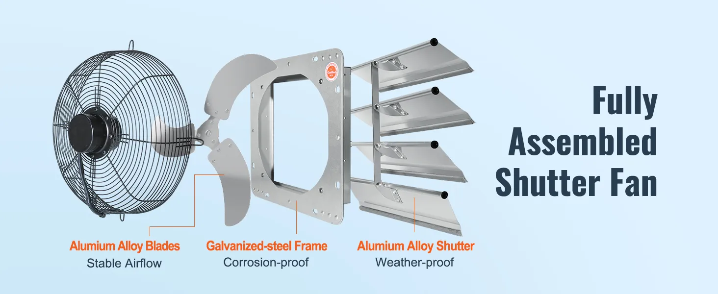 VEVOR shutter exhaust fan with aluminum alloy blades, galvanized-steel frame, and weather-proof shutters.