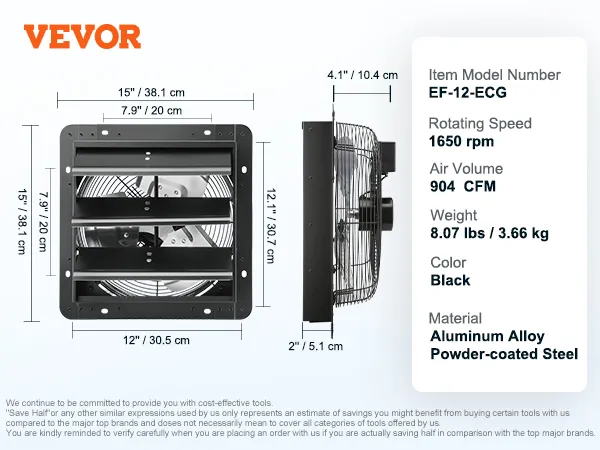 Ventilador de escape con persiana VEVOR con 904 cfm, ef-12-ecg, 1650 rpm, 15" x 15", negro, aluminio-acero.