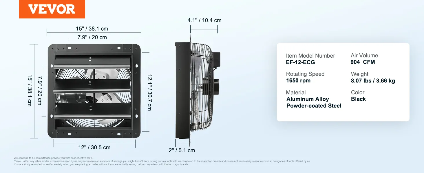 Ventilador de escape con persiana VEVOR con 904 cfm, ef-12-ecg, 1650 rpm, 15" x 15", negro, aluminio-acero.
