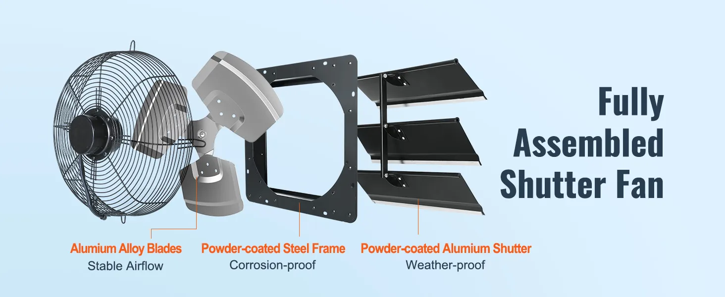 Ventilador extractor de aire con persianas VEVOR con aspas de aleación de aluminio, marco de acero con recubrimiento en polvo y persianas de aluminio.