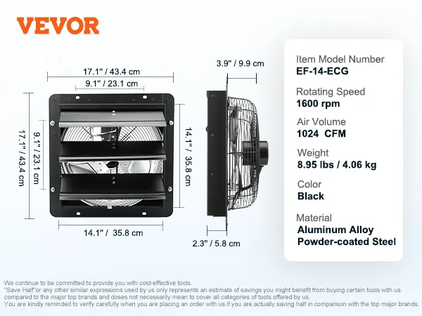 Afmetingen van de VEVOR-afzuigventilator met sluiter: 17,1 x 17,1, 14,1 x 14,1, 9,1 x 9,1 inch, zijaanzicht 2,3 inch. model ef-14-ecg.