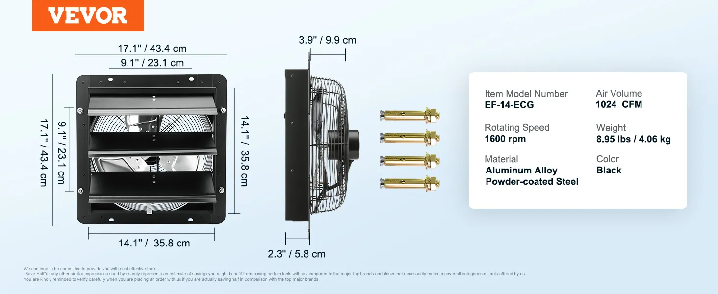 Afmetingen van de VEVOR-afzuigventilator met sluiter: 17,1 x 17,1, 14,1 x 14,1, 9,1 x 9,1 inch, zijaanzicht 2,3 inch. model ef-14-ecg.