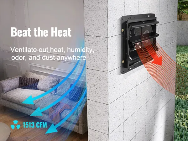 Extractor de aire con persiana VEVOR instalado en una pared, que ventila el calor y la humedad de una acogedora sala de estar.