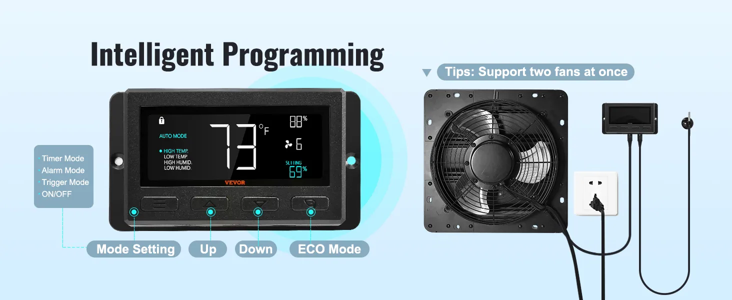 Extractor de aire con persiana VEVOR con programación inteligente y soporte para doble ventilador, que muestra configuraciones y controles.