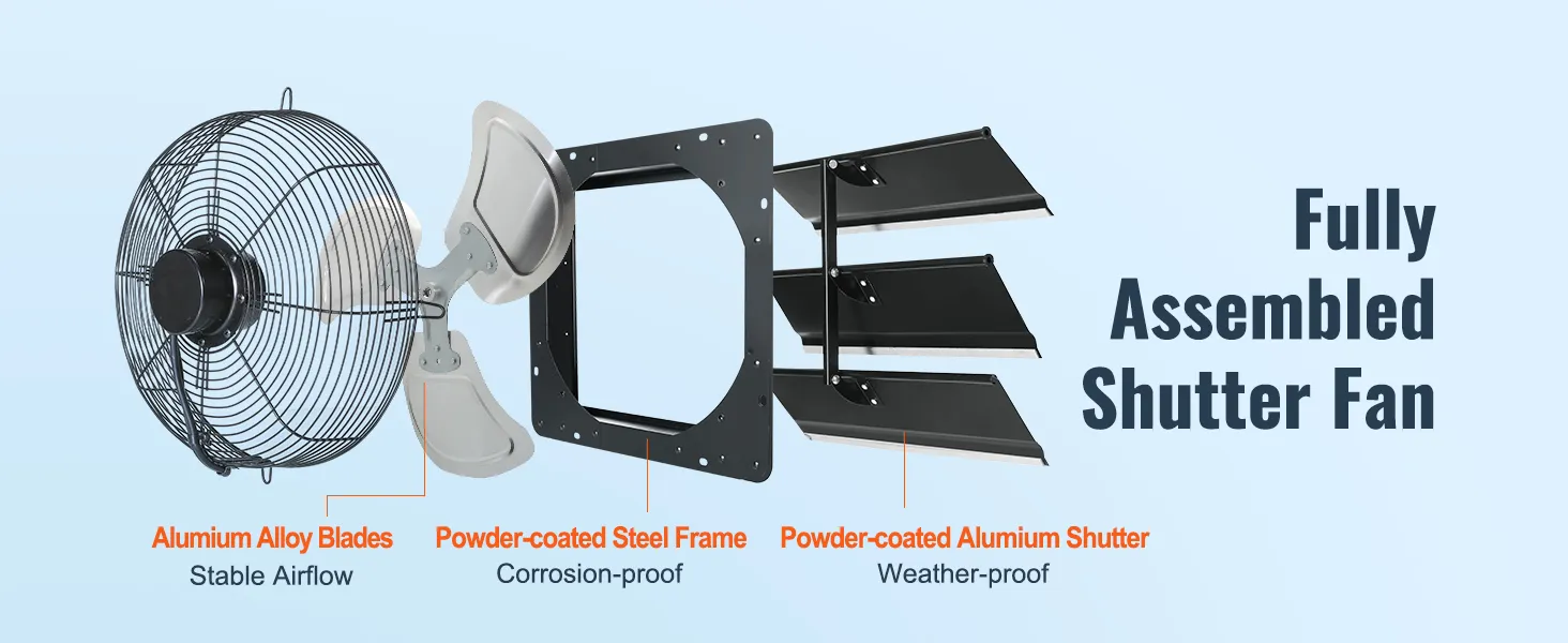 ventilador VEVOR con aspas de aleación de aluminio, marco de acero y obturador resistente.