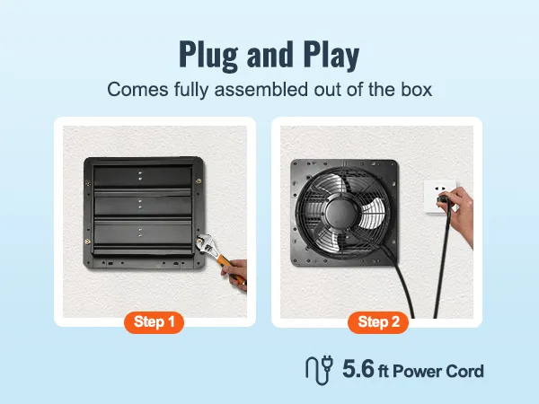 Ventilador de escape con persiana VEVOR: fácil instalación con un cable de alimentación de 5,6 pies, configuración plug and play, completamente ensamblado.