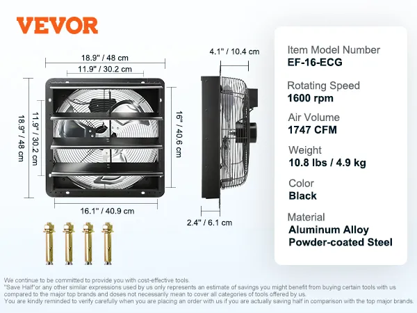 Dimensiones del extractor de aire con persiana VEVOR, especificaciones: volumen de aire de 1747 cfm, 1600 rpm, aleación de aluminio, negro.