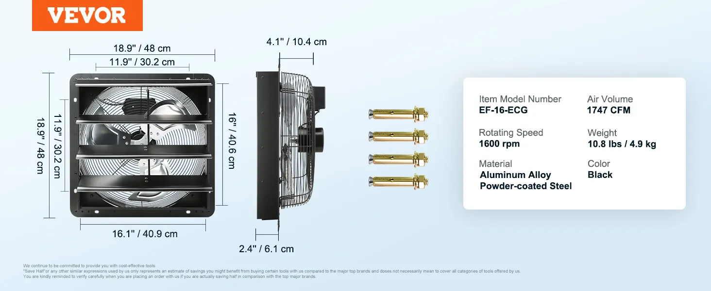 Dimensiones del extractor de aire con persiana VEVOR, especificaciones: volumen de aire de 1747 cfm, 1600 rpm, aleación de aluminio, negro.
